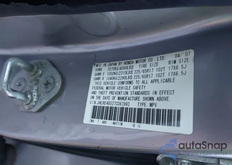 2007 Honda Cr-V Ex from USA, damaged, VIN JHLRE48527C087993